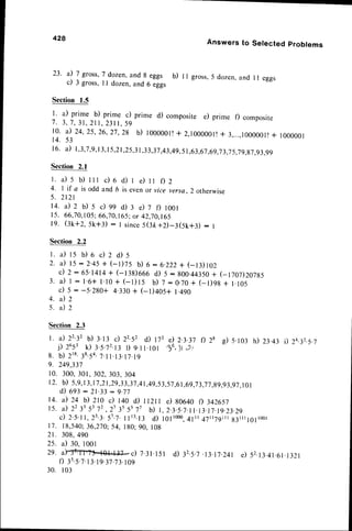 428
Answers to Selected problems
23' a) 7gross,7do,zen,andgeggs
b) il gross,5dozen,and
lreggs
c) 3 gross,I I dozen,
and6 eggs
Section1.5
I
a) prime b) prime c) prime d) compositee) prime f) composite
7 . 3 , 7 , 3 1 , 2 1 1 , 2 3 1 1 , 5 9
r0. il 24,25,26,27,29b) 100000.l
+ 2,1000001!+
3,...,1000001!+
1000001
t 4 . 5 3
16. a) 1,3,7,9,13,15,21,25,31,33,37,43,49,51,63,67,69,73,75,7g,g7.93.99
Section2.1
l . i l 5 b ) l l l c ) o d ) I e ) r r i l 2
4. I if a is oddandb isevenor viceversa,2 otherwise
5 . 2 t 2 l
1 4 . i l 2 b ) s c ) s s d ) 3 e ) t f ) 1 0 0 1
15. 66,70,105;
66,70,165;
or 42,70,165
19. (3k+2,5k+3): I since
s3k+D_3(5k+3) : I
Section2,2
l . a ) r s b ) 6 d Z d ) s
2. a) rs :2.45 + (-l)75 b) 6 - 6.222
+ (_13)102
c) z:65'1414 + (-r38)666d) 5 :800.44350
+ (-1101)20185
3 . a ) I : l ' 6 + l . l 0 + ( - t ) t 5 b ) 7 : 0 . 7 0 + ( _ l ) 9 g+ 1 . 1 0 5
c) 5 : -5.280+ 4.330
+ (-t)+os+ 1.490
4 . i l Z
s . i l 2
Section2.3
l. il 22.32
b) 3.13c) 22.52d) 172d,2.l.ll f) 28 g) s.rol il 23.43i) 24.32.5.7
| 2653k) 3.5.72.
I3 l) 9.1
l.l0l t, 1t,
,l i
8 . b ) 2 r 8 '
3 8 . 5 4 .
7 . 1
1 . 1 3 .
t 7 . t g
9. 249,331
10. 300,301,302,303,304
|2. b) 5,9,
| 3,1
7,2
l,Zg,3
3,37,4
1,49,53,57,6
1,69,7
3,7
7,gg,g
3.g7
.lOl
d) 693 : 21.33: 9.77
il 24 b) 210c) r+o d) I l2l I e)soo+oil 3426s7
i l 2 23 35 37 2 . 2 13 ss 57 7 b ) 1 , 2 . 3 . 5 . 7 . 1 1 . 1 3 . 1 7 . 1 9 . 2 3 . 2 9
d 2 . s . 1 1 , 2 3 . 3 . 5 7 . 7 .
1 1 1 3 . 1 3
d ) 1 0 1 1 0 0 0 , 4 l f i
4 7 r r 7 g | rg 3 i l r l 0 l r 0 0 l
18,540;
36,270:54,
180;90. 108
308,490
a) 30,l00l
afuc)2.:r,r5r
f) 33.5.7.
I 3.19.37.73.
109
1 0 3
1 4 .
1 5 .
1 7 .
2 1 .
25.
29.
30.
d) 32.5.7
.13.t7.24te) 52.
13.41.6t.1321
 