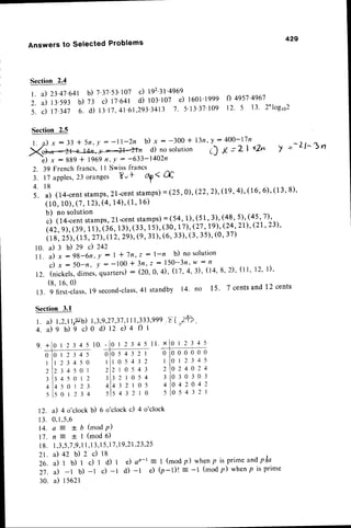 429
Answers to Selected Problems
a)3 t)ze d242
a ) x : 9 8 - 6 n , ! : | * 7 n ,
c ) x : 5 0 * n , l :
- 1 0 0 +
(nickels,
dimes,
quarters)
:
( 8 .1 6 , 0 )
9 first-class,
l9 second-class,
9. 0 | 2 3 4 5 1 0 . 0 | 2 3 4 5 l l . x 0 r 2 3
Section2.4
l. il zz'ql'eu b) 7'37'53'107
c) t92'3r'4969
2. u) r:.sqr b) 73 c) tz'6+t d) 103'107e) toot'1999 f) 4957'4967
5 . d 1 7 , 3 4 7 6 . d ) 1 3 ' 1 7 , 4 1 . 6 1 , 2 9 3 ' 3 4 1 3
7 . 5 ' 1 3 ' 3 ? ' 1 0 9
l z ' 5 l 3 ' 2 n l o g r c 2
Section2.5
l . a ) x : 3 3 * 5 n . 1 : - l l - 2 n b ) x : * 3 0 0 * l 3 n ' y - 4 O O - 1 1 n
;13:::il;4,-"44r, d)no
sorution
'il
,x'ZI cb1 y =-zi^n
-
i l x : 8 8 9 + 1 9 6 9
n , Y : - 6 3 3 - 1 4 0 2 n
2. 39 French
francs,
I I Swiss
francs
3. 17apples,
23oranges 8-'l.
"Pt
0f
4 . l 8
5. a) (14-centstamps,2l-centstamps)
=(25,0),(22,2),(19,4),(16,6),(13,8)'
(10,1o),(?, 12),(4,14),(1, 16)
b) no solution
c) (14-cent
stamps,2l-cent
stamps)
=(54,1)' (51'3)' (48' 5)'(45'7)'
(42,g),(39,11),(36,l3), (33,15),(30,l7),(27' 19)'(24',2r',(21',23)',
(18,25),(15,2:7),(12,
29),(9,31),(6, 33),(3, 35),(0',37)
z - l-n b) no solution
3n, z : 150-3n, w -- fr
( 2 0 ,0 . 4 ) , ( 17 , 4 , 3 ) , ( 1 4 ,8 , 2 ) , ( 1 1 ,1 2 ,1 ) '
4l standby 14. no 15. 7 centsand 12 cents
Section3.1
l. a) l,2JlP$ 1,3,9,27,3J,111,333,999
..'it
"ff2,
4. il g b) b c) o d) 12 d + f) I
1 0 .
I l .
t2.
1 3 .
0
I
2
J
4
5
12. a) 4 o'clockb) 6 o'clockc) 4 o'clock
I 3. 0.I,5,6
1 4 . a 7 + b ( m o d p )
17. n 7 + I (mod 6)
1 8 . 1 , 3 , 5 , 7 , 9 , 1
l , l 3 , 1 5 , 1 7 , 1 9 , 2 1 , 2 3 , 2 5
2 t . a  q z l r ) z c ) t 8
26. a) t b) I cl f O) I e) ap-t = 1 (modp) whenp is prime andpla
27. a) -1 b) -l c) -t d) -l e) (p-l)! : -l (modp) whenp is prime
30. a) 15621
2 3 4 5
3 4 5 0
4 5 0 1
5 0 1 2
0 r 2 3
t 2 3 4
l0r
lr 2
l23
t 3 4
t -
lo,
l s 0
0
I
z
J
4
5
0
I
2
J
.+
5
0
I
L
J
4
5
0
0
0
0
0
0
0
J
0
J
0
J
0
2
+
0
2
4
0 5 4
1 0 5
2 r 0
3 2 1
4 3 2
5 4 3
3 2 1
4 3 2
5 4 3
0 5 4
1 0 5
2 1 0
5
0
5
A
J
2
I
 