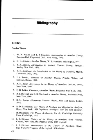 Bibliography
BOOKS
Number Theory
l ' w. W. Adams and L. J. Goldstein, Intoduction to Number Theory,
Prentice-Hall,EnglewoodCliffs, New Jersey,1g76.
2. G. E. Andrews,Number Theory,w. B. Saunders,philadelphia, lg7l.
3. T. A. Apostol, Introduction to Analytic Number Theory, Springer-
Verlag,New York, 1976.
4. R' G. Archibald, An Introduction to the Theory of Numbers, Merrill,
Columbus,Ohio, 1970.
5. I. A. Barnett, Elements of Number Theory, prindle, weber, and
Schmidt, Boston,1969.
6. A. H. Beiler, Recreations in the Theory of Numbers, 2nd ed., Dover,
New York, 1966.
7. E. D. Bolker,ElementaryNumber Theory,Benjamin,New york, 1970.
8. Z. I. Borevich and I. R. Shafarevich,Number Theory, Academic press,
New York, 1966.
9. D. M. Burton, Elementary Number Theory, Allyn and Bacon, Boston,
t976.
10. R. D. Carmichael, The Theory of Numbers and Diophantine Analysis,
Dover,New York, 1959(reprintof the original 1914and l9l5 editions).
I l. H. Davenport, The Higher Arithmetic, 5th ed., Cambridge University
Press,Cambridge,1982.
12. L. E, Dickson, History of the Theory of Numbers, three volumes,
chelsea,New York, 1952 (reprint of the l9l9 original).
13. L. E. Dickson, Introduction to the Theory of Numbers, Dover,
New York 1957 (reprint of the original 1929edition).
438
 