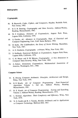 441
BibliograPhY
CryptographY
46. B. Bosworth, codes, ciphers, and computers, Hayden, Rochelle Park,
New JerseY,1982.
47. D. E. R. Denning, Cryptography and Data Security, Addison.Wesley,
Reading, Massachusetts,
1982'
48. w. F. Friedman, Elements of Cryptanalysis, Aegean Park Press,
Laguna Hills, California, 1978'
4 9 . A . G e r s h o , e d . , A d v a n c e s i n C r y p t o g r a p h y ' D e p t ' o f E l e c t r i c a l a n d
computer Engineering,Univ. calif. Santa Barbara, 1982.
50. D. Kahn, The Codebreakers,the Story of Secret Writing' Macmillan'
New York' 1967.
A. G. Konheim, Cryptography: A Primer, Wiley' New York' 1981'
S. Kullback, s/atis tical Methods in cryptanalysis, Aegean Park Press,
Laguna Hills, California, 1976.
C. H. Meyer and S. M. Matyas' Cryptography: A New Dimension
Computer Data Security, Wiley, New York, 1982'
A. sinkov, Elementary cryptanalysis, Mathematical Association
America, Washington,D.C., 1966'
Computer Science
55. K. Hwang, Computer Arithmetic: Principles, Architecture and Design'
WileY, New York, 1979.
56. D. E. Knuth, Art
'of computer Programming: semi-Numertcal
Algorithms volume 2, 2nd €d., Addison wesley, Reading
Massachusetts,
l98l .
57. D. E. Knuth, Art of computer Programming: sorting and searching,
volume 3, Addison-wesley,Reading,Massachusetts,
1973.
58. L. Kronsjo, Algorithms: Their complexity and Efficiency, wiley, New
York, 1979.
59. N. S. Szab5and R. J. Tanaka, Residue
Arithmetic and its Applications
to Computer Technology,McGraw-Hill' 1967'
51.
52.
53.
54.
tn
of
 