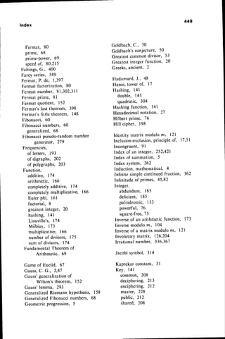 lndex
Fermat. 80
prime, 68
prime-power, 69
speedof, 80,215
Faltings,G., 400
Farey series, 349
Fermat, P. de, 1,397
Fermat factorization, 80
Fermatnumber, 81,302,31
1
Fermat prime, 8l
Fermat quotient, 152
Fermat's last theorem, 398
Fermat's little theorem, 148
Fibonacci, 60
Fibonacci numbers, 60
generalized, 68
Fibonacci pseudo-randomnumber
generator, 219
Frequencies,
of letters, 193
of digraphs, 202
of polygraphs, 203
Function.
additive, 174
arithmetic, 166
completelyadditive, l7 4
completely multiPlicative, 166
Euler phi, 161
factorial, 8
greatestinteger, 20
hashing, 141
Liouville's
, 174
Mobius, l'73
multiplicative, 166
number of divisors. 175
sum of divisors. 174
Fundamental Theorem of
Arithmetic, 69
Game of Euclid, 67
Gauss,C. G., 2,47
Gauss' generalization of
Wilson's theorem, 152
Gauss'lemma, 293
GeneralizedRiemann hypothesis, 158
GeneralizedFibonacci numbers, 68
Geometric progression, 5
Goldbach,C., 50
Goldbach'sconjecture, 50
Greatestcommon divisor, 53
Greatest integer function, 20
Greeks,ancient, 2
Hadamard,J., 48
Hanoi, tower of, l'l
Hashing, 141
double, 143
quadratic, 304
Hashing function, 141
Hexadecimal notation, 27
Hilbert prime, 76
Hill cipher, 198
Identity matrix moduloz, l2l
Inclusion-exclusion,
principleof, 17,51
Incongruent, 9l
Index of an integer, 252,421
Index of summation, 5
Index system, 262
Induction, mathematical, 4
Infinite simple continued fraction,
Infinitude of primes, 45,82
Integer,
a b d u n d a n t , 1 8 5
deficient, 185
palindromic, 133
powerful, 16
square-free,75
Inverse of an arithmetic function,
Inversemodulo lrr, 104
Inverseof a matrix modulo nr, l2I
Involutory matrix, 126,244
Irrational number, 336,36'l
Jacobi symbol, 314
Kaprekar constant, 3l
Key, l4l
common, 208
deciphering, 213
enciphering, 212
mastero 228
public, 212
shared, 208
362
t73
 