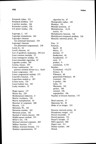 450
Knapsack cipher, 221
Knapsack problem, 219
k-perfect number, 186
Kronecker symbol, 324
k th power residue, 256
Lagrange,J., 147
Lagrange interpolation, 242
Lagrange'stheorem
(on continued functions), 378
Lagrange'stheorem
(on polynomial congruences)
, 219
Lam6, G., 62
Lam6's theorem, 62
Law of quadratic reciprocity, 297,314
Least common multiple, 72
Least nonnegativeresidue, 93
Least-remainder
algorithm, 67
Legendresymbol, 289
Lemma, Gauss'. 293
Linear combination, 54
greatestcommon divisor as a, 54,63
Linear congruence, 102
Linear congruential method, 275
Liouville's function, 114
Logarithms modulo p, 207
Lowest terms, 336
Lucas-Lehmertest, 183
Lucky numbers, 52
Magic square, 127
Master key, 228
Mathematical induction. 4
Matrix, involutory, 126
Matrix multiplication, 43
Maximal t1-exponent, 280
Mayans, 1,25
Mersenne,M., 182
Mersennenumber. 182
Mersenneprime, 182
Method of infinitedescent, 398
Middle-squaremethod, 275
Miller's test, 156
Minimal universalexponent, 269
Mobius function, 173
Mobius inversionformula, 173
Modular exponentiation, 97
algorithm for, 97
Monographic cipher, 189
Monkeys, l0l
Multiple precision, 33
Multiplication, 35,39
matrix, 43
Multiplicative function, 166
Multiplicative knapsackproblem, 226
Mutually relatively prime, 56
Nim. 3l
Notation,
big-O, 38
binary, 27
decimal, 27
duodecimal, 44
hexadecimal, 27
octal, 27
product, 9
s u m m a t i o n , 5 , l 7 0
Number,
Carmichael, 155,2'12
Fermat, 8l
Fibonacci, 60
generalizedFibonacci, 68
irrational. 336
k-perfect, 186
lucky, 52
Mersenne, 182
perfect, 180
rational, 336
superperfect, 186
Number of divisorsfunction. 175
Octal notation, 27
Operation, bit, 38
Order of an integer, 232
Pairwise relatively prime, 56
Palindromicinteger, 133
Partial remainder, 37
Partial quotient, 351
Pascal'striangle, 12
Pell's equation, 404
Pepin'stest, 3l I
Perfect number, 180
Period,
Index
 