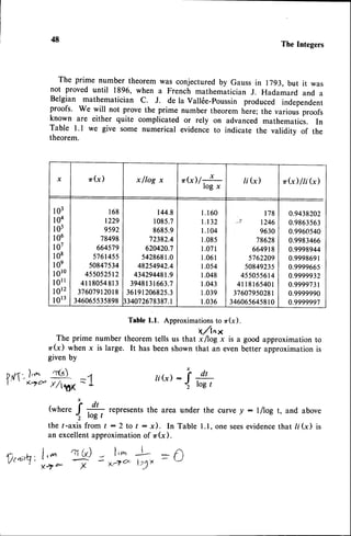 48
The Integers
The prime number theorem was conjecturedby Gauss in 1793,but it was
not proved until 1896, when a French mathematician J. Hadamard and a
Belgian mathematician C. J. de la Vall6e-Poussin produced independent
proofs. We will not prove the prime number theorem here; the varioui proofs
known are either quite complicated or rely on advanced mathematics. In
Table I .l we give some numerical evidence to indicate the validitv of the
theorem.
x rG) x /log x oG)/*
log x
ti G) r(x) /ti G)
103
104
105
106
107
108
l0e
l0l0
l 0 rI
l0l2
t0l3
168
t229
9592
78498
664579
5761455
50847534
455052512
4r18054813
37607912018
346065535898
144.8
1085.7
8685.9
72382.4
620420.7
5428681.0
48254942.4
43429448r.9
39481
31663.7
36191206825.3
t34072678387.r
1 . 1 6 0
1.132
l.104
1.085
1.071
1.061
1.054
1.048
1.043
r.039
1.036
1 7 8
-r 1246
9630
78628
664918
5762209
5084923s
45505561
4
4 1 1 8 1 6 5 4 0 1
3760795028r
34606564s8
10
0.9438202
0.9863563
0.9960540
0.9983466
0.9998944
0.9998691
0.9999665
0.9999932
0.999973r
0.9999990
0.9999997
Tablel.l. Approximations
to rG).
x'A"x
The prime number theorem tells us that x /log x is a good approximation to
rG) when x is large. It has beenshownthat an evenbetter approximationis
given by
ld'i,
)':*4{ =1
I ' {-/d X/V614
- L
tiG) :T O,
", log I
(whe--T d, -^^-,
," J,
"*
represents
theareaunderthecurve
y : lfiog t, andabove
the r-axis from t :2 to / : x). In Table l.l, one seesevidencethat /i(x) is
an excellentapproximationof zr(x).
frtaft.1',
I'^ nd r l'^- -L- =O
v r ylr 3
-
x4G ltlx
J
 