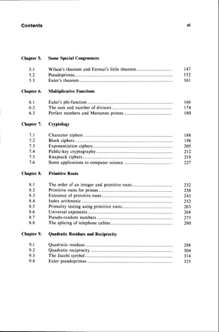 Contents
Chapter 5. Some Special Congruences
5.1 Wilson's theorem and Fermat's little theorem 147
5.2 Pseudoprimes.............. .. 152
5.3 Euler'stheorem 16l
Chapter6. MultiplicativeFunctions
6.1 Euler'sphi-function
............... 166
6.2 The sum and numberof divisors.............. 174
6.3 Perfectnumbersand Mersenneprimes 180
Chapter 7. Cryptology
7.l Characterciphers 188
7.2 Block ciphers 198
7.3 Exponentiation
ciphers............... .. 205
7.4 Public-keycryptography............. 212
7.5 Knapsackciphers 219
7.6 Some applicationsto computer science 227
Chapter 8. Primitive Roots
8.1 The order of an integer and primitive roots 232
8.2 Primitive roots for primes 238
8.3 Existenceof primitive roots 243
8.4 Index arithmetic 252
8.5 Primality testingusingprimitive roots......... 263
8.6 Universal exponents. 268
8.7 Pseudo-random
numbers............ .. 275
8.8 The splicingof telephone
cables .. 280
Chapter 9. Quadratic Residuesand Reciprocity
9.I Quadraticresidues 288
9.2 Quadratic reciprocity .. 304
9.3 The Jacobisymbol 314
9.4 Euler pseudoprimes............. 325
xl
 