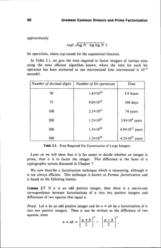 80 GreatestCommonDivisors
and PrimeFactorization
approximately
e*p(@)
bit operations,
whereexpstandsfor the exponential
function.
In Table 2.1, we give the time requiredto factor integersof varioussizes
using the most efficient algorithm known, where the time for each bit
operationhas been estimatedas one microsecond(one microsecondis 10-6
seconds).
Number of decimal digits Number of bit operations Time
50
75
100
200
300
500
l.4x10r0
9.0xl0r2
2.3xl0r5
1.2x1023
l.5xl02e
l.3xl03e
3.9hours
104days
74 years
3.8xl0eyears
4.9x1015
years
4.2x102s
years
Table2.1. TimeRequired
ForFactorization
of LargeIntegers.
Later on we will showthat it is far easierto decidewhether an integer is
prime, than it is to factor the integer. This differenceis the basis of a
cyptographic
systemdiscussed
in Chapter7.
We now describea factorizationtechniquewhich is interesting,althoughit
is not always efficient. This techniqueis known as Fermat factorization and
is basedon the followinglemma.
Lemma 2.7. lf n is an odd positive integer, then there is a one-to-one
correspondence
between factorizations of n into two positive integers and
differences
of two squares
that equaln.
Proof. Let n be an odd positiveintegerand let n : ab be a factorization of n
into two positiveintegers. Then n can be written as the differenceof two
squares,
since
, lo+ul' lo-ul'
n : a D : l : l
-
l - l
| 2 ,l t 2 )'
 