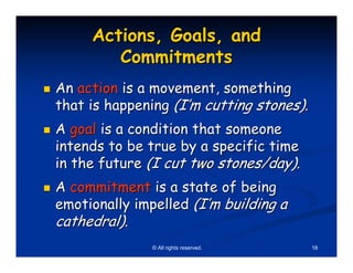 Actions, Goals, and
        Commitments
An action is a movement, something
that is happening (I’m cutting stones).
A goal is a condition that someone
intends to be true by a specific time
in the future (I cut two stones/day).
A commitment is a state of being
emotionally impelled (I’m building a
cathedral).
               © All rights reserved.     18
 