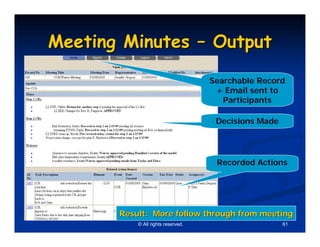 Meeting Minutes – Output

                                    Searchable Record
                                     + Email sent to
                                       Participants

                                     Decisions Made




                                     Recorded Actions




       Result: More follow through from meeting
           © All rights reserved.                     61
 