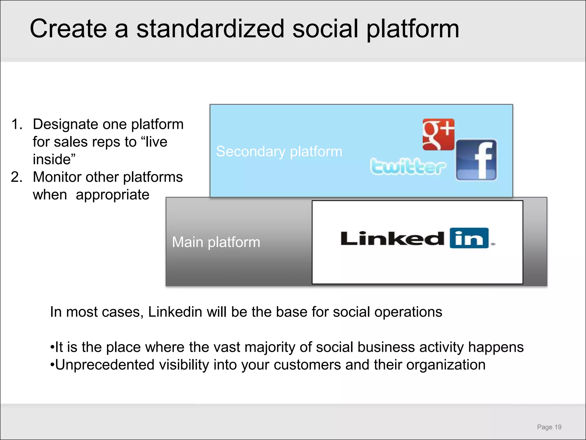 Create a standardized social platform


1. Designate one platform
   for sales reps to ―live
                               Secondary platform
   inside‖
2. Monitor other platforms
   when appropriate


                        Main platform



     In most cases, Linkedin will be the base for social operations

     •It is the place where the vast majority of social business activity happens
     •Unprecedented visibility into your customers and their organization



                                                                                    Page 19
 