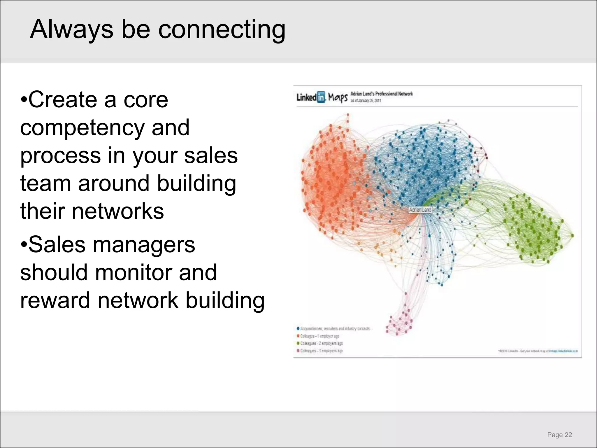 Always be connecting

•Create a core
competency and
process in your sales
team around building
their networks
•Sales managers
should monitor and
reward network building




                          Page 22
 