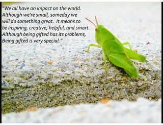 “We	
  all	
  have	
  an	
  impact	
  on	
  the	
  world.	
  	
  	
  
Although	
  we’re	
  small,	
  someday	
  we	
  	
  
will	
  do	
  something	
  great.	
  	
  It	
  means	
  to	
  	
  
be	
  inspiring,	
  creative,	
  helpful,	
  and	
  smart.	
  	
  	
  
Although	
  being	
  gifted	
  has	
  its	
  problems,	
  	
  
Being	
  gifted	
  is	
  very	
  special.”	
  
 
