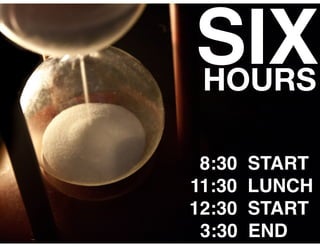 SIX
8:30 START!
11:30 LUNCH!
12:30 START!
3:30 END
HOURS
 