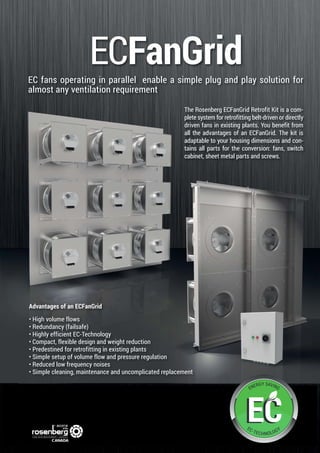 11
ECFanGridEC fans operating in parallel enable a simple plug and play solution for
almost any ventilation requirement
Advantages of an ECFanGrid
• High volume flows
• Redundancy (failsafe)
• Highly efficient EC-Technology
• Compact, flexible design and weight reduction
• Predestined for retrofitting in existing plants
• Simple setup of volume flow and pressure regulation
• Reduced low frequency noises
• Simple cleaning, maintenance and uncomplicated replacement
The Rosenberg ECFanGrid Retrofit Kit is a com-
plete system for retrofitting belt-driven or directly
driven fans in existing plants. You benefit from
all the advantages of an ECFanGrid. The kit is
adaptable to your housing dimensions and con-
tains all parts for the conversion: fans, switch
cabinet, sheet metal parts and screws.
www.ECFanGrid.de
ECECEC
ENERGY SAVING
EC-TECHNOLOGY
info@ rosenbergcanada.com
+1(905) 565-1038
www.rosenbergcanada.com
 