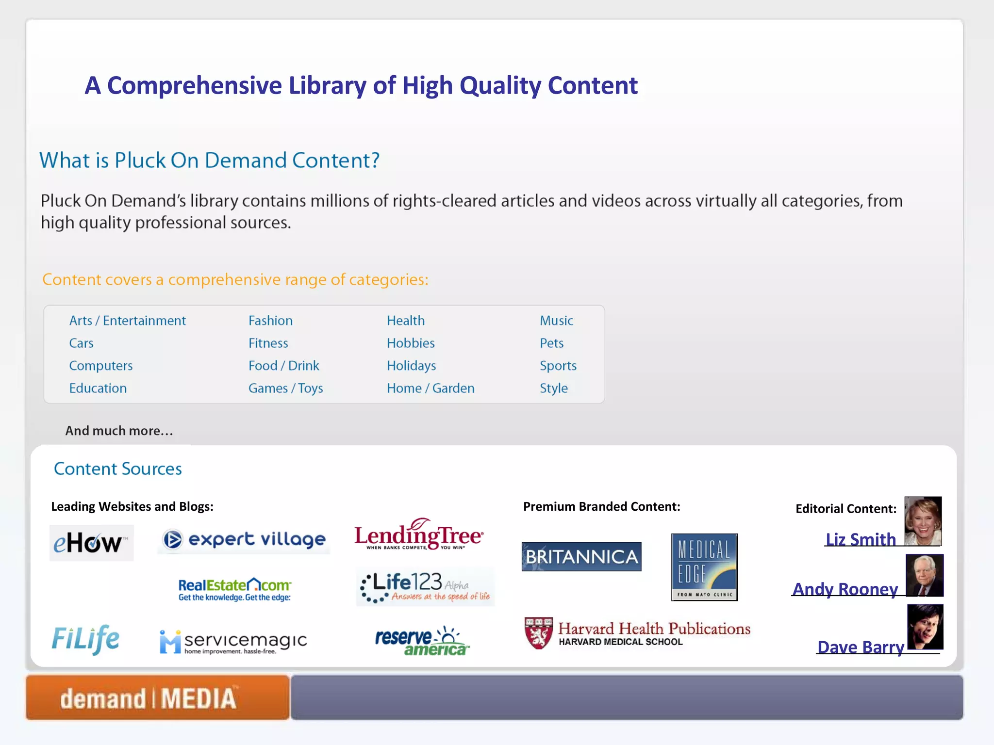 A Comprehensive Library of High Quality Content  Leading Websites and Blogs: Premium Branded Content: Editorial Content: Dave Barry Andy Rooney Liz Smith 