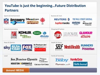 YouTube is just the beginning…Future Distribution Partners Sports & Entertainment Business & Tech Home & Automotive Shopping & Fashion News & Opinion Health & Fitness Local Family & Parenting 