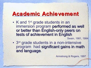 Academic Achievement K and 1 st  grade students in an immersion program  performed as well or better than English-only peers on tests of achievement in English Swain, 1981, 1984 3 rd  grade students in a non-intensive program  had  significant gains in math and language . Armstrong & Rogers, 1997   