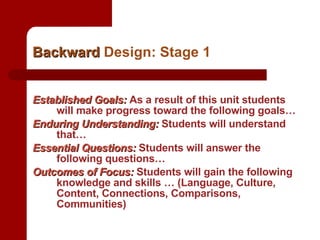 Backward  Design: Stage 1 Established Goals:  As a result of this unit students will make progress toward the following goals… Enduring Understanding:  Students will understand that… Essential Questions:  Students will answer the following questions… Outcomes of Focus:  Students will gain the following knowledge and skills … (Language, Culture, Content, Connections, Comparisons, Communities) 