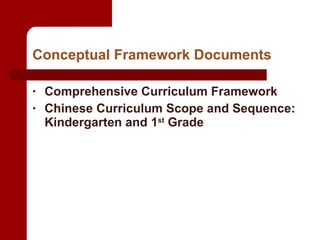 Conceptual Framework Documents Comprehensive Curriculum Framework Chinese Curriculum Scope and Sequence: Kindergarten and 1 st  Grade  