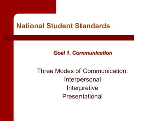 National Student Standards   Goal 1. Communication Three Modes of Communication: Interpersonal Interpretive Presentational 