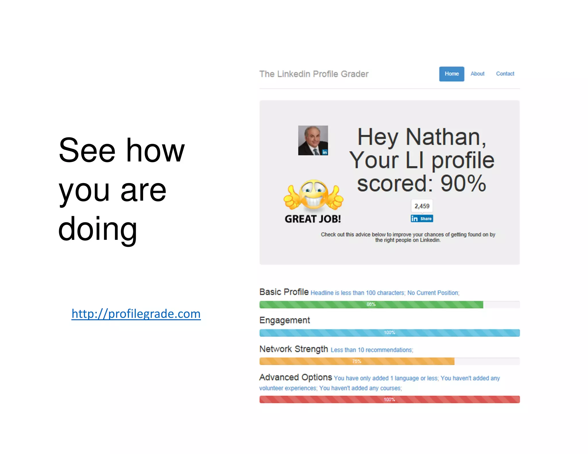 See how
you are
doing
http://profilegrade.com
 