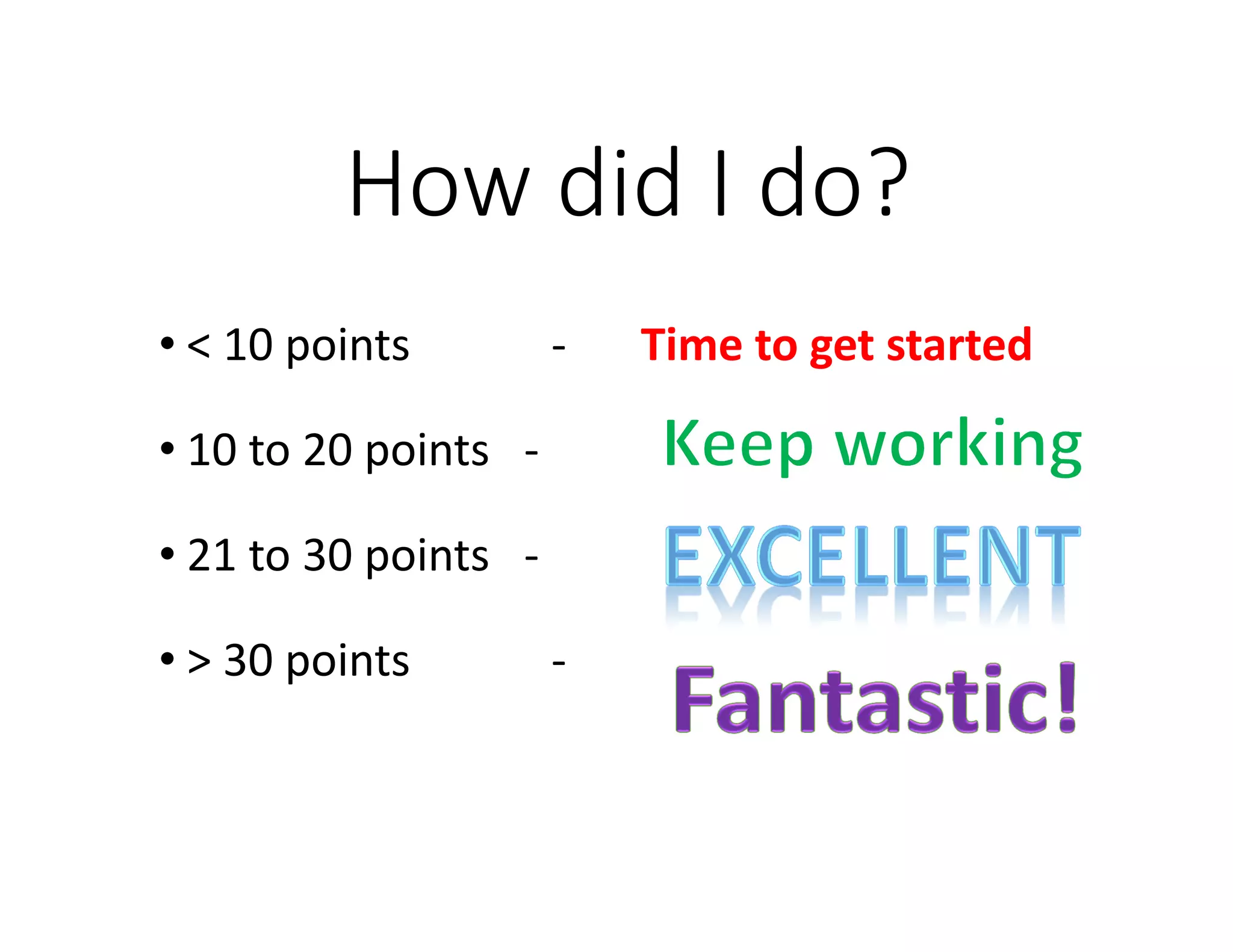 How did I do?
• < 10 points - Time to get started
• 10 to 20 points -
• 21 to 30 points -
• > 30 points -
 