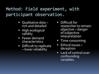 Method: Field experiment, with
participant observation.
 Qualitative data –
rich and detailed
 High ecological
validity
 Fewer demand
characteristics
 Difficult to replicate
– lower reliability
 Difficult for
researcher to remain
objective – danger
of subjective
interpretation
 Time-consuming
 Ethical issues –
deception
 Lack of control over
confounding
variables.
 