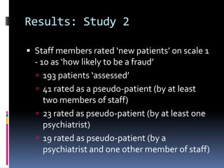 Results: Study 2
 Staff members rated ‘new patients’ on scale 1
- 10 as ‘how likely to be a fraud’
 193 patients ‘assessed’
 41 rated as a pseudo-patient (by at least
two members of staff)
 23 rated as pseudo-patient (by at least one
psychiatrist)
 19 rated as pseudo-patient (by a
psychiatrist and one other member of staff)
 