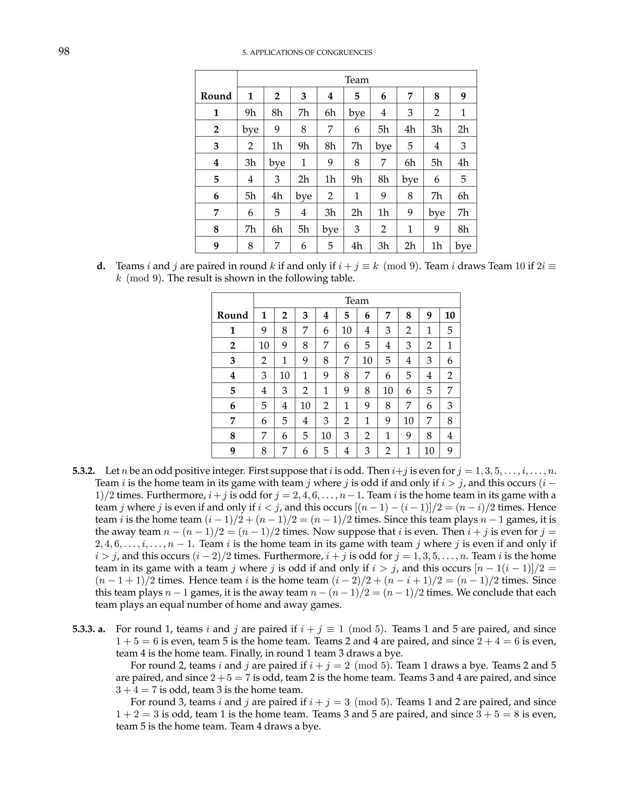 98 5. APPLICATIONS OF CONGRUENCES
Team
Round 1 2 3 4 5 6 7 8 9
1 9h 8h 7h 6h bye 4 3 2 1
2 bye 9 8 7 6 5h 4h 3h 2h
3 2 1h 9h 8h 7h bye 5 4 3
4 3h bye 1 9 8 7 6h 5h 4h
5 4 3 2h 1h 9h 8h bye 6 5
6 5h 4h bye 2 1 9 8 7h 6h
7 6 5 4 3h 2h 1h 9 bye 7h
8 7h 6h 5h bye 3 2 1 9 8h
9 8 7 6 5 4h 3h 2h 1h bye
d. Teams i and j are paired in round k if and only if i + j ≡ k (mod 9). Team i draws Team 10 if 2i ≡
k (mod 9). The result is shown in the following table.
Team
Round 1 2 3 4 5 6 7 8 9 10
1 9 8 7 6 10 4 3 2 1 5
2 10 9 8 7 6 5 4 3 2 1
3 2 1 9 8 7 10 5 4 3 6
4 3 10 1 9 8 7 6 5 4 2
5 4 3 2 1 9 8 10 6 5 7
6 5 4 10 2 1 9 8 7 6 3
7 6 5 4 3 2 1 9 10 7 8
8 7 6 5 10 3 2 1 9 8 4
9 8 7 6 5 4 3 2 1 10 9
5.3.2. Let n be an odd positive integer. First suppose that i is odd. Then i+j is even for j = 1, 3, 5, . . . , i, . . . , n.
Team i is the home team in its game with team j where j is odd if and only if i > j, and this occurs (i −
1)/2 times. Furthermore, i+j is odd for j = 2, 4, 6, . . . , n−1. Team i is the home team in its game with a
team j where j is even if and only if i < j, and this occurs [(n − 1) − (i − 1)]/2 = (n − i)/2 times. Hence
team i is the home team (i − 1)/2 + (n − 1)/2 = (n − 1)/2 times. Since this team plays n − 1 games, it is
the away team n − (n − 1)/2 = (n − 1)/2 times. Now suppose that i is even. Then i + j is even for j =
2, 4, 6, . . . , i, . . . , n − 1. Team i is the home team in its game with team j where j is even if and only if
i > j, and this occurs (i − 2)/2 times. Furthermore, i + j is odd for j = 1, 3, 5, . . . , n. Team i is the home
team in its game with a team j where j is odd if and only if i > j, and this occurs [n − 1(i − 1)]/2 =
(n − 1 + 1)/2 times. Hence team i is the home team (i − 2)/2 + (n − i + 1)/2 = (n − 1)/2 times. Since
this team plays n − 1 games, it is the away team n − (n − 1)/2 = (n − 1)/2 times. We conclude that each
team plays an equal number of home and away games.
5.3.3. a. For round 1, teams i and j are paired if i + j ≡ 1 (mod 5). Teams 1 and 5 are paired, and since
1 + 5 = 6 is even, team 5 is the home team. Teams 2 and 4 are paired, and since 2 + 4 = 6 is even,
team 4 is the home team. Finally, in round 1 team 3 draws a bye.
For round 2, teams i and j are paired if i + j = 2 (mod 5). Team 1 draws a bye. Teams 2 and 5
are paired, and since 2 + 5 = 7 is odd, team 2 is the home team. Teams 3 and 4 are paired, and since
3 + 4 = 7 is odd, team 3 is the home team.
For round 3, teams i and j are paired if i + j = 3 (mod 5). Teams 1 and 2 are paired, and since
1 + 2 = 3 is odd, team 1 is the home team. Teams 3 and 5 are paired, and since 3 + 5 = 8 is even,
team 5 is the home team. Team 4 draws a bye.
 