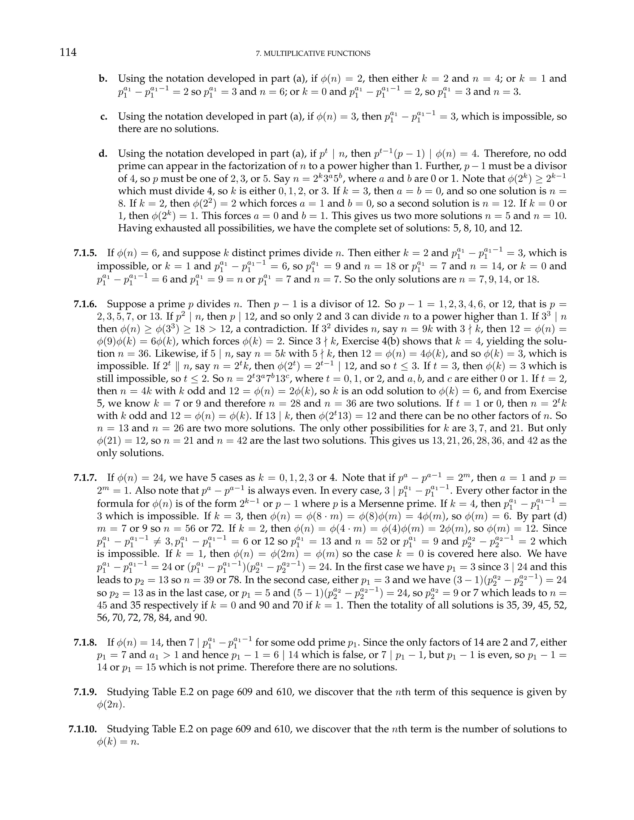 114 7. MULTIPLICATIVE FUNCTIONS
b. Using the notation developed in part (a), if φ(n) = 2, then either k = 2 and n = 4; or k = 1 and
pa1
1 − pa1−1
1 = 2 so pa1
1 = 3 and n = 6; or k = 0 and pa1
1 − pa1−1
1 = 2, so pa1
1 = 3 and n = 3.
c. Using the notation developed in part (a), if φ(n) = 3, then pa1
1 − pa1−1
1 = 3, which is impossible, so
there are no solutions.
d. Using the notation developed in part (a), if pt
| n, then pt−1
(p − 1) | φ(n) = 4. Therefore, no odd
prime can appear in the factorization of n to a power higher than 1. Further, p − 1 must be a divisor
of 4, so p must be one of 2, 3, or 5. Say n = 2k
3a
5b
, where a and b are 0 or 1. Note that φ(2k
) ≥ 2k−1
which must divide 4, so k is either 0, 1, 2, or 3. If k = 3, then a = b = 0, and so one solution is n =
8. If k = 2, then φ(22
) = 2 which forces a = 1 and b = 0, so a second solution is n = 12. If k = 0 or
1, then φ(2k
) = 1. This forces a = 0 and b = 1. This gives us two more solutions n = 5 and n = 10.
Having exhausted all possibilities, we have the complete set of solutions: 5, 8, 10, and 12.
7.1.5. If φ(n) = 6, and suppose k distinct primes divide n. Then either k = 2 and pa1
1 − pa1−1
1 = 3, which is
impossible, or k = 1 and pa1
1 − pa1−1
1 = 6, so pa1
1 = 9 and n = 18 or pa1
1 = 7 and n = 14, or k = 0 and
pa1
1 − pa1−1
1 = 6 and pa1
1 = 9 = n or pa1
1 = 7 and n = 7. So the only solutions are n = 7, 9, 14, or 18.
7.1.6. Suppose a prime p divides n. Then p − 1 is a divisor of 12. So p − 1 = 1, 2, 3, 4, 6, or 12, that is p =
2, 3, 5, 7, or 13. If p2
| n, then p | 12, and so only 2 and 3 can divide n to a power higher than 1. If 33
| n
then φ(n) ≥ φ(33
) ≥ 18 > 12, a contradiction. If 32
divides n, say n = 9k with 3 - k, then 12 = φ(n) =
φ(9)φ(k) = 6φ(k), which forces φ(k) = 2. Since 3 - k, Exercise 4(b) shows that k = 4, yielding the solu-
tion n = 36. Likewise, if 5 | n, say n = 5k with 5 - k, then 12 = φ(n) = 4φ(k), and so φ(k) = 3, which is
impossible. If 2t
k n, say n = 2t
k, then φ(2t
) = 2t−1
| 12, and so t ≤ 3. If t = 3, then φ(k) = 3 which is
still impossible, so t ≤ 2. So n = 2t
3a
7b
13c
, where t = 0, 1, or 2, and a, b, and c are either 0 or 1. If t = 2,
then n = 4k with k odd and 12 = φ(n) = 2φ(k), so k is an odd solution to φ(k) = 6, and from Exercise
5, we know k = 7 or 9 and therefore n = 28 and n = 36 are two solutions. If t = 1 or 0, then n = 2t
k
with k odd and 12 = φ(n) = φ(k). If 13 | k, then φ(2t
13) = 12 and there can be no other factors of n. So
n = 13 and n = 26 are two more solutions. The only other possibilities for k are 3, 7, and 21. But only
φ(21) = 12, so n = 21 and n = 42 are the last two solutions. This gives us 13, 21, 26, 28, 36, and 42 as the
only solutions.
7.1.7. If φ(n) = 24, we have 5 cases as k = 0, 1, 2, 3 or 4. Note that if pa
− pa−1
= 2m
, then a = 1 and p =
2m
= 1. Also note that pa
− pa−1
is always even. In every case, 3 | pa1
1 − pa1−1
1 . Every other factor in the
formula for φ(n) is of the form 2k−1
or p − 1 where p is a Mersenne prime. If k = 4, then pa1
1 − pa1−1
1 =
3 which is impossible. If k = 3, then φ(n) = φ(8 · m) = φ(8)φ(m) = 4φ(m), so φ(m) = 6. By part (d)
m = 7 or 9 so n = 56 or 72. If k = 2, then φ(n) = φ(4 · m) = φ(4)φ(m) = 2φ(m), so φ(m) = 12. Since
pa1
1 − pa1−1
1 6= 3, pa1
1 − pa1−1
1 = 6 or 12 so pa1
1 = 13 and n = 52 or pa1
1 = 9 and pa2
2 − pa2−1
2 = 2 which
is impossible. If k = 1, then φ(n) = φ(2m) = φ(m) so the case k = 0 is covered here also. We have
pa1
1 − pa1−1
1 = 24 or (pa1
1 − pa1−1
1 )(pa1
2 − pa2−1
2 ) = 24. In the first case we have p1 = 3 since 3 | 24 and this
leads to p2 = 13 so n = 39 or 78. In the second case, either p1 = 3 and we have (3 − 1)(pa2
2 − pa2−1
2 ) = 24
so p2 = 13 as in the last case, or p1 = 5 and (5 − 1)(pa2
2 − pa2−1
2 ) = 24, so pa2
2 = 9 or 7 which leads to n =
45 and 35 respectively if k = 0 and 90 and 70 if k = 1. Then the totality of all solutions is 35, 39, 45, 52,
56, 70, 72, 78, 84, and 90.
7.1.8. If φ(n) = 14, then 7 | pa1
1 − pa1−1
1 for some odd prime p1. Since the only factors of 14 are 2 and 7, either
p1 = 7 and a1 > 1 and hence p1 − 1 = 6 | 14 which is false, or 7 | p1 − 1, but p1 − 1 is even, so p1 − 1 =
14 or p1 = 15 which is not prime. Therefore there are no solutions.
7.1.9. Studying Table E.2 on page 609 and 610, we discover that the nth term of this sequence is given by
φ(2n).
7.1.10. Studying Table E.2 on page 609 and 610, we discover that the nth term is the number of solutions to
φ(k) = n.
 