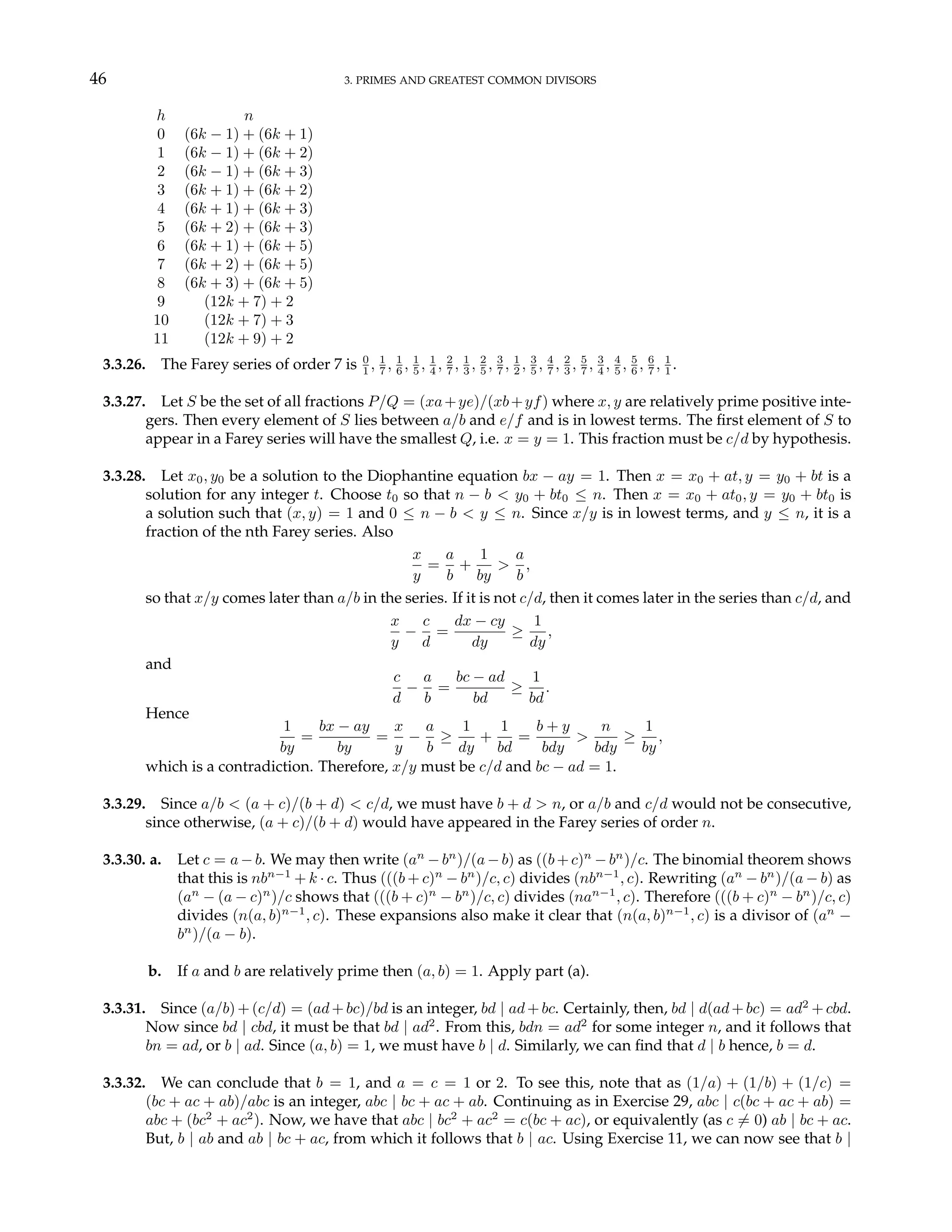 46 3. PRIMES AND GREATEST COMMON DIVISORS
h n
0 (6k − 1) + (6k + 1)
1 (6k − 1) + (6k + 2)
2 (6k − 1) + (6k + 3)
3 (6k + 1) + (6k + 2)
4 (6k + 1) + (6k + 3)
5 (6k + 2) + (6k + 3)
6 (6k + 1) + (6k + 5)
7 (6k + 2) + (6k + 5)
8 (6k + 3) + (6k + 5)
9 (12k + 7) + 2
10 (12k + 7) + 3
11 (12k + 9) + 2
3.3.26. The Farey series of order 7 is 0
1 , 1
7 , 1
6 , 1
5 , 1
4 , 2
7 , 1
3 , 2
5 , 3
7 , 1
2 , 3
5 , 4
7 , 2
3 , 5
7 , 3
4 , 4
5 , 5
6 , 6
7 , 1
1 .
3.3.27. Let S be the set of all fractions P/Q = (xa+ye)/(xb+yf) where x, y are relatively prime positive inte-
gers. Then every element of S lies between a/b and e/f and is in lowest terms. The first element of S to
appear in a Farey series will have the smallest Q, i.e. x = y = 1. This fraction must be c/d by hypothesis.
3.3.28. Let x0, y0 be a solution to the Diophantine equation bx − ay = 1. Then x = x0 + at, y = y0 + bt is a
solution for any integer t. Choose t0 so that n − b < y0 + bt0 ≤ n. Then x = x0 + at0, y = y0 + bt0 is
a solution such that (x, y) = 1 and 0 ≤ n − b < y ≤ n. Since x/y is in lowest terms, and y ≤ n, it is a
fraction of the nth Farey series. Also
x
y
=
a
b
+
1
by
>
a
b
,
so that x/y comes later than a/b in the series. If it is not c/d, then it comes later in the series than c/d, and
x
y
−
c
d
=
dx − cy
dy
≥
1
dy
,
and
c
d
−
a
b
=
bc − ad
bd
≥
1
bd
.
Hence
1
by
=
bx − ay
by
=
x
y
−
a
b
≥
1
dy
+
1
bd
=
b + y
bdy
>
n
bdy
≥
1
by
,
which is a contradiction. Therefore, x/y must be c/d and bc − ad = 1.
3.3.29. Since a/b < (a + c)/(b + d) < c/d, we must have b + d > n, or a/b and c/d would not be consecutive,
since otherwise, (a + c)/(b + d) would have appeared in the Farey series of order n.
3.3.30. a. Let c = a−b. We may then write (an
−bn
)/(a−b) as ((b+c)n
−bn
)/c. The binomial theorem shows
that this is nbn−1
+ k · c. Thus (((b + c)n
− bn
)/c, c) divides (nbn−1
, c). Rewriting (an
− bn
)/(a − b) as
(an
− (a − c)n
)/c shows that (((b + c)n
− bn
)/c, c) divides (nan−1
, c). Therefore (((b + c)n
− bn
)/c, c)
divides (n(a, b)n−1
, c). These expansions also make it clear that (n(a, b)n−1
, c) is a divisor of (an
−
bn
)/(a − b).
b. If a and b are relatively prime then (a, b) = 1. Apply part (a).
3.3.31. Since (a/b)+(c/d) = (ad+bc)/bd is an integer, bd | ad+bc. Certainly, then, bd | d(ad+bc) = ad2
+cbd.
Now since bd | cbd, it must be that bd | ad2
. From this, bdn = ad2
for some integer n, and it follows that
bn = ad, or b | ad. Since (a, b) = 1, we must have b | d. Similarly, we can find that d | b hence, b = d.
3.3.32. We can conclude that b = 1, and a = c = 1 or 2. To see this, note that as (1/a) + (1/b) + (1/c) =
(bc + ac + ab)/abc is an integer, abc | bc + ac + ab. Continuing as in Exercise 29, abc | c(bc + ac + ab) =
abc + (bc2
+ ac2
). Now, we have that abc | bc2
+ ac2
= c(bc + ac), or equivalently (as c 6= 0) ab | bc + ac.
But, b | ab and ab | bc + ac, from which it follows that b | ac. Using Exercise 11, we can now see that b |
 