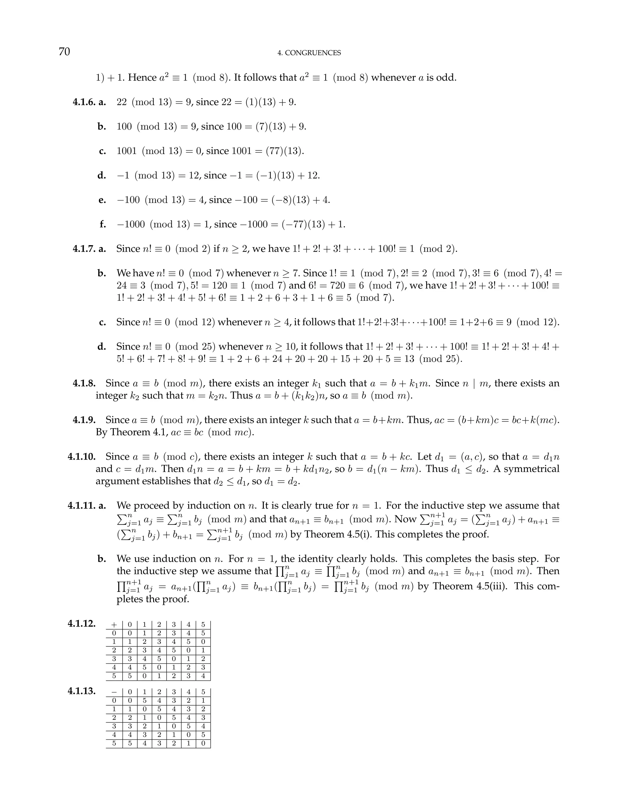 70 4. CONGRUENCES
1) + 1. Hence a2
≡ 1 (mod 8). It follows that a2
≡ 1 (mod 8) whenever a is odd.
4.1.6. a. 22 (mod 13) = 9, since 22 = (1)(13) + 9.
b. 100 (mod 13) = 9, since 100 = (7)(13) + 9.
c. 1001 (mod 13) = 0, since 1001 = (77)(13).
d. −1 (mod 13) = 12, since −1 = (−1)(13) + 12.
e. −100 (mod 13) = 4, since −100 = (−8)(13) + 4.
f. −1000 (mod 13) = 1, since −1000 = (−77)(13) + 1.
4.1.7. a. Since n! ≡ 0 (mod 2) if n ≥ 2, we have 1! + 2! + 3! + · · · + 100! ≡ 1 (mod 2).
b. We have n! ≡ 0 (mod 7) whenever n ≥ 7. Since 1! ≡ 1 (mod 7), 2! ≡ 2 (mod 7), 3! ≡ 6 (mod 7), 4! =
24 ≡ 3 (mod 7), 5! = 120 ≡ 1 (mod 7) and 6! = 720 ≡ 6 (mod 7), we have 1! + 2! + 3! + · · · + 100! ≡
1! + 2! + 3! + 4! + 5! + 6! ≡ 1 + 2 + 6 + 3 + 1 + 6 ≡ 5 (mod 7).
c. Since n! ≡ 0 (mod 12) whenever n ≥ 4, it follows that 1!+2!+3!+· · ·+100! ≡ 1+2+6 ≡ 9 (mod 12).
d. Since n! ≡ 0 (mod 25) whenever n ≥ 10, it follows that 1! + 2! + 3! + · · · + 100! ≡ 1! + 2! + 3! + 4! +
5! + 6! + 7! + 8! + 9! ≡ 1 + 2 + 6 + 24 + 20 + 20 + 15 + 20 + 5 ≡ 13 (mod 25).
4.1.8. Since a ≡ b (mod m), there exists an integer k1 such that a = b + k1m. Since n | m, there exists an
integer k2 such that m = k2n. Thus a = b + (k1k2)n, so a ≡ b (mod m).
4.1.9. Since a ≡ b (mod m), there exists an integer k such that a = b+km. Thus, ac = (b+km)c = bc+k(mc).
By Theorem 4.1, ac ≡ bc (mod mc).
4.1.10. Since a ≡ b (mod c), there exists an integer k such that a = b + kc. Let d1 = (a, c), so that a = d1n
and c = d1m. Then d1n = a = b + km = b + kd1n2, so b = d1(n − km). Thus d1 ≤ d2. A symmetrical
argument establishes that d2 ≤ d1, so d1 = d2.
4.1.11. a. We proceed by induction on n. It is clearly true for n = 1. For the inductive step we assume that
Pn
j=1 aj ≡
Pn
j=1 bj (mod m) and that an+1 ≡ bn+1 (mod m). Now
Pn+1
j=1 aj = (
Pn
j=1 aj) + an+1 ≡
(
Pn
j=1 bj) + bn+1 =
Pn+1
j=1 bj (mod m) by Theorem 4.5(i). This completes the proof.
b. We use induction on n. For n = 1, the identity clearly holds. This completes the basis step. For
the inductive step we assume that
Qn
j=1 aj ≡
Qn
j=1 bj (mod m) and an+1 ≡ bn+1 (mod m). Then
Qn+1
j=1 aj = an+1(
Qn
j=1 aj) ≡ bn+1(
Qn
j=1 bj) =
Qn+1
j=1 bj (mod m) by Theorem 4.5(iii). This com-
pletes the proof.
4.1.12. + 0 1 2 3 4 5
0 0 1 2 3 4 5
1 1 2 3 4 5 0
2 2 3 4 5 0 1
3 3 4 5 0 1 2
4 4 5 0 1 2 3
5 5 0 1 2 3 4
4.1.13. − 0 1 2 3 4 5
0 0 5 4 3 2 1
1 1 0 5 4 3 2
2 2 1 0 5 4 3
3 3 2 1 0 5 4
4 4 3 2 1 0 5
5 5 4 3 2 1 0
 