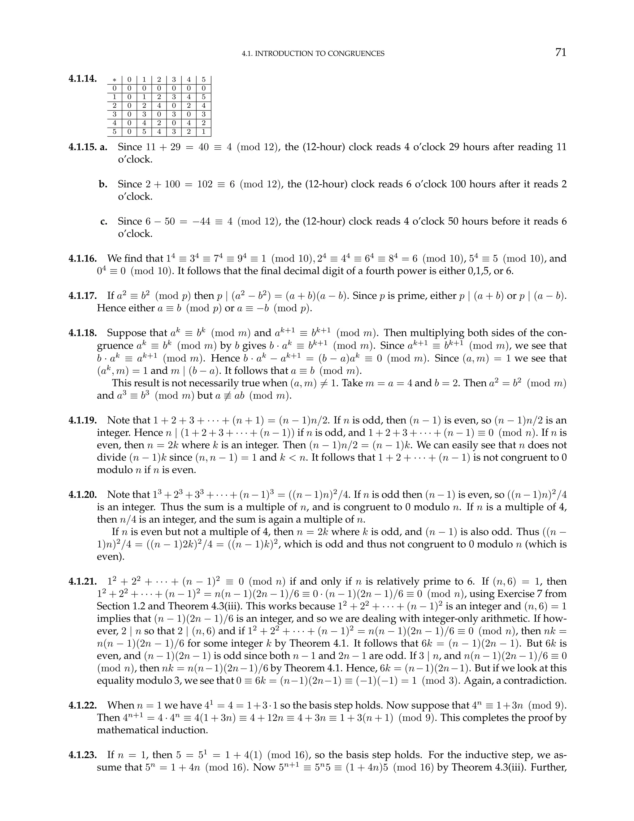 4.1. INTRODUCTION TO CONGRUENCES 71
4.1.14. ∗ 0 1 2 3 4 5
0 0 0 0 0 0 0
1 0 1 2 3 4 5
2 0 2 4 0 2 4
3 0 3 0 3 0 3
4 0 4 2 0 4 2
5 0 5 4 3 2 1
4.1.15. a. Since 11 + 29 = 40 ≡ 4 (mod 12), the (12-hour) clock reads 4 o’clock 29 hours after reading 11
o’clock.
b. Since 2 + 100 = 102 ≡ 6 (mod 12), the (12-hour) clock reads 6 o’clock 100 hours after it reads 2
o’clock.
c. Since 6 − 50 = −44 ≡ 4 (mod 12), the (12-hour) clock reads 4 o’clock 50 hours before it reads 6
o’clock.
4.1.16. We find that 14
≡ 34
≡ 74
≡ 94
≡ 1 (mod 10), 24
≡ 44
≡ 64
≡ 84
= 6 (mod 10), 54
≡ 5 (mod 10), and
04
≡ 0 (mod 10). It follows that the final decimal digit of a fourth power is either 0,1,5, or 6.
4.1.17. If a2
≡ b2
(mod p) then p | (a2
− b2
) = (a + b)(a − b). Since p is prime, either p | (a + b) or p | (a − b).
Hence either a ≡ b (mod p) or a ≡ −b (mod p).
4.1.18. Suppose that ak
≡ bk
(mod m) and ak+1
≡ bk+1
(mod m). Then multiplying both sides of the con-
gruence ak
≡ bk
(mod m) by b gives b · ak
≡ bk+1
(mod m). Since ak+1
≡ bk+1
(mod m), we see that
b · ak
≡ ak+1
(mod m). Hence b · ak
− ak+1
= (b − a)ak
≡ 0 (mod m). Since (a, m) = 1 we see that
(ak
, m) = 1 and m | (b − a). It follows that a ≡ b (mod m).
This result is not necessarily true when (a, m) 6= 1. Take m = a = 4 and b = 2. Then a2
= b2
(mod m)
and a3
≡ b3
(mod m) but a 6≡ ab (mod m).
4.1.19. Note that 1 + 2 + 3 + · · · + (n + 1) = (n − 1)n/2. If n is odd, then (n − 1) is even, so (n − 1)n/2 is an
integer. Hence n | (1 + 2 + 3 + · · · + (n − 1)) if n is odd, and 1 + 2 + 3 + · · · + (n − 1) ≡ 0 (mod n). If n is
even, then n = 2k where k is an integer. Then (n − 1)n/2 = (n − 1)k. We can easily see that n does not
divide (n − 1)k since (n, n − 1) = 1 and k < n. It follows that 1 + 2 + · · · + (n − 1) is not congruent to 0
modulo n if n is even.
4.1.20. Note that 13
+ 23
+ 33
+ · · · + (n − 1)3
= ((n − 1)n)2
/4. If n is odd then (n − 1) is even, so ((n − 1)n)2
/4
is an integer. Thus the sum is a multiple of n, and is congruent to 0 modulo n. If n is a multiple of 4,
then n/4 is an integer, and the sum is again a multiple of n.
If n is even but not a multiple of 4, then n = 2k where k is odd, and (n − 1) is also odd. Thus ((n −
1)n)2
/4 = ((n − 1)2k)2
/4 = ((n − 1)k)2
, which is odd and thus not congruent to 0 modulo n (which is
even).
4.1.21. 12
+ 22
+ · · · + (n − 1)2
≡ 0 (mod n) if and only if n is relatively prime to 6. If (n, 6) = 1, then
12
+ 22
+ · · · + (n − 1)2
= n(n − 1)(2n − 1)/6 ≡ 0 · (n − 1)(2n − 1)/6 ≡ 0 (mod n), using Exercise 7 from
Section 1.2 and Theorem 4.3(iii). This works because 12
+ 22
+ · · · + (n − 1)2
is an integer and (n, 6) = 1
implies that (n − 1)(2n − 1)/6 is an integer, and so we are dealing with integer-only arithmetic. If how-
ever, 2 | n so that 2 | (n, 6) and if 12
+ 22
+ · · · + (n − 1)2
= n(n − 1)(2n − 1)/6 ≡ 0 (mod n), then nk =
n(n − 1)(2n − 1)/6 for some integer k by Theorem 4.1. It follows that 6k = (n − 1)(2n − 1). But 6k is
even, and (n − 1)(2n − 1) is odd since both n − 1 and 2n − 1 are odd. If 3 | n, and n(n − 1)(2n − 1)/6 ≡ 0
(mod n), then nk = n(n−1)(2n−1)/6 by Theorem 4.1. Hence, 6k = (n−1)(2n−1). But if we look at this
equality modulo 3, we see that 0 ≡ 6k = (n−1)(2n−1) ≡ (−1)(−1) = 1 (mod 3). Again, a contradiction.
4.1.22. When n = 1 we have 41
= 4 = 1+3·1 so the basis step holds. Now suppose that 4n
≡ 1+3n (mod 9).
Then 4n+1
= 4 · 4n
≡ 4(1 + 3n) ≡ 4 + 12n ≡ 4 + 3n ≡ 1 + 3(n + 1) (mod 9). This completes the proof by
mathematical induction.
4.1.23. If n = 1, then 5 = 51
= 1 + 4(1) (mod 16), so the basis step holds. For the inductive step, we as-
sume that 5n
= 1 + 4n (mod 16). Now 5n+1
≡ 5n
5 ≡ (1 + 4n)5 (mod 16) by Theorem 4.3(iii). Further,
 