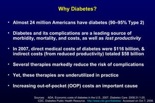 Why Diabetes?Why Diabetes?
Sources: ADA. Economic costs of diabetes in the U.S., 2007. Diabetes Care. 2008;31:1-20.
CDC. Diabetes Public Health Resource. http://www.cdc.gov/diabetes/ Accessed on Oct 7, 2008.
• Almost 24 million Americans have diabetes (90–95% Type 2)
• Diabetes and its complications are a leading source of
morbidity, mortality, and costs, as well as lost productivity
• In 2007, direct medical costs of diabetes were $116 billion, &
indirect costs (from reduced productivity) totaled $58 billion
• Several therapies markedly reduce the risk of complications
• Yet, these therapies are underutilized in practice
• Increasing out-of-pocket (OOP) costs an important cause
 