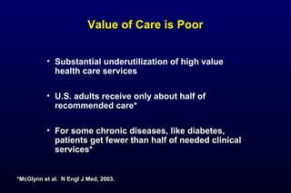 Value of Care is PoorValue of Care is Poor
• Substantial underutilization of high value
health care services
• U.S. adults receive only about half of
recommended care*
• For some chronic diseases, like diabetes,For some chronic diseases, like diabetes,
patients get fewer than half of needed clinicalpatients get fewer than half of needed clinical
services*services*
*McGlynn et al. N Engl J Med, 2003.
 