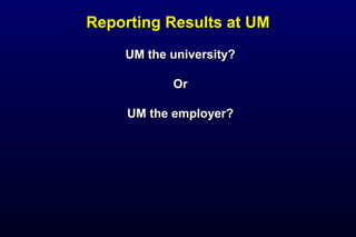 Reporting Results at UMReporting Results at UM
UM the university?UM the university?
OrOr
UM the employer?UM the employer?
 