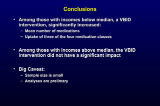 ConclusionsConclusions
• Among those with incomes below median, a VBIDAmong those with incomes below median, a VBID
intervention, significantly increased:intervention, significantly increased:
– Mean number of medicationsMean number of medications
– Uptake of three of the four medication classesUptake of three of the four medication classes
• Among those with incomes above median, the VBIDAmong those with incomes above median, the VBID
intervention did not have a significant impactintervention did not have a significant impact
• Big Caveat:Big Caveat:
– Sample size is smallSample size is small
– Analyses are prelimaryAnalyses are prelimary
 
