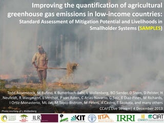 Improving the quantification of agricultural
greenhouse gas emissions in low-income countries:
Standard Assessment of Mitigation Potential and Livelihoods in
Smallholder Systems (SAMPLES)

Todd Rosenstock, M Rufino, K Butterbach-Bahl, L Wollenberg, BO Sander, D Stern, D Pelster, H
Neufeldt, R Wassmann, L Verchot, P van Asten, C Arias-Navarro, G Saiz, E Diaz-Pines, M Richards,
I Ortiz-Monasterio, ML Jat, M Tapio-Bistrom, M Peters, A Castro, T Sapkota, and many others
CCAFS Live Stream| 4 December 2013

Photo courtesy of L Wollenberg

 