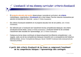 Roser Canals
L’avaluació i el nou disseny curricular: criteris d’avaluacióL’avaluació i el nou disseny curricular: criteris d’avaluació
El projecte educatiu del centre desenvolupa i concreta el currículum, els criteris
metodològics, organitzatius i d’avaluació per a tota l’etapa i fixa les mesures necessàries per
atendre la diversitat de l’alumnat. (article 2.1 Ordre d’avaluació)
Els criteris d’avaluació establerts en el projecte educatiu han de ser públics. (Art. 5 Ordre
d’avaluació).
Els referents per a l’avaluació són l’assoliment de les competències bàsiques i els criteris
d’avaluació de les àrees. (article 2.4 Ordre d’avaluació). L’avaluació també ha de constatar
l’assoliment dels resultats de l’aprenentatge. (art. 2.3 Ordre d’avaluació)
Cadascuna de les àrees contribueix al desenvolupament de diferents competències i, a la
vegada, cada una de les competències bàsiques s'assolirà com a conseqüència del treball en
distintes àrees. (Annex I Competències Bàsiques. Decret 142/2007 d’ordenació dels ensenyaments de
l’educació primària)
A partir dels criteris d’avaluació de les àrees es comprovarà l’assoliment
de les competències bàsiques i l’aprenentatge dels continguts
 