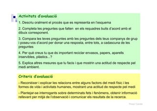 Roser Canals
Activitats d’avaluació
1. Descriu oralment el procés que es representa en l’esquema
2. Completa les preguntes que falten en els requadres buits d’acord amb el
dibuix corresponent.
3. Compara les teves preguntes amb les preguntes dels teus companys de grup
i poseu-vos d’acord per donar una resposta, entre tots, a cadascuna de les
preguntes
4. Per què creus tu que és important reciclar envasos, papers, aparells
inservibles, plàstics...?
5. Explica altres mesures que tu facis i que mostrin una actitud de respecte pel
medi ambient.
Criteris d’avaluació
- Reconèixer i explicar les relacions entre alguns factors del medi físic i les
formes de vida i activitats humanes, mostrant una actitud de respecte pel medi
- Plantejar-se interrogants sobre determinats fets i fenòmens, obtenir informació
rellevant per mitjà de l’observació i comunicar els resultats de la recerca.
 
