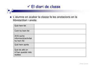 Roser Canals
El diari de classeEl diari de classe
L’alumne en acabar la classe fa les anotacions en la
llibreta/diari i anota:
Què és allò on
m’han quedat més
dubtes
Què hem après
Amb quina
informació/activitat
ho hem fet
Com ho hem fet
Què hem fet
 