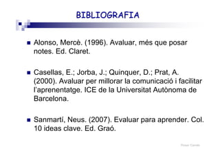 Roser Canals
BIBLIOGRAFIABIBLIOGRAFIA
Alonso, Mercè. (1996). Avaluar, més que posar
notes. Ed. Claret.
Casellas, E.; Jorba, J.; Quinquer, D.; Prat, A.
(2000). Avaluar per millorar la comunicació i facilitar
l’aprenentatge. ICE de la Universitat Autònoma de
Barcelona.
Sanmartí, Neus. (2007). Evaluar para aprender. Col.
10 ideas clave. Ed. Graó.
 