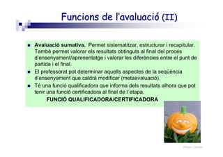 Roser Canals
Avaluació sumativa. Permet sistematitzar, estructurar i recapitular.
També permet valorar els resultats obtinguts al final del procés
d’ensenyament/aprenentatge i valorar les diferències entre el punt de
partida i el final.
El professorat pot determinar aquells aspectes de la seqüència
d’ensenyament que caldrà modificar (metaavaluació).
Té una funció qualificadora que informa dels resultats alhora que pot
tenir una funció certificadora al final de l´etapa.
FUNCIÓ QUALIFICADORA/CERTIFICADORA
FuncionsFuncions dede l’avaluaciól’avaluació (II)(II)
 