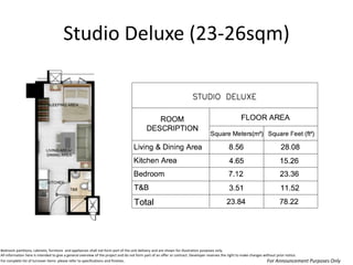 Studio Deluxe (23-26sqm) 
Bedroom partitions, cabinets, furniture and appliances shall not form part of the unit delivery and are shown for illustration purposes only. All information here is intended to give a general overview of the project and do not form part of an offer or contract. Developer reserves the right to make changes without prior notice. For complete list of turnover items please refer to specifications and finishes. 
For Announcement Purposes Only  