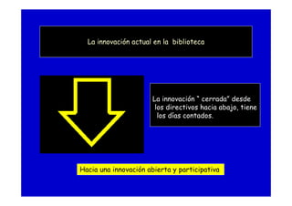 La innovación actual en la biblioteca
La innovación “ cerrada” desde
los directivos hacia abajo, tiene
los días contados.
Hacia una innovación abierta y participativa
 