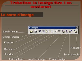 Treballem la imatge fixa i enTreballem la imatge fixa i en
movimentmoviment
Inserir imatge
Control imatge
Contrast
Brillantor
Retallar
Estil de línia Format imatge
Transparència
Restablir
Acolorir imatge
La barra d’imatge
 