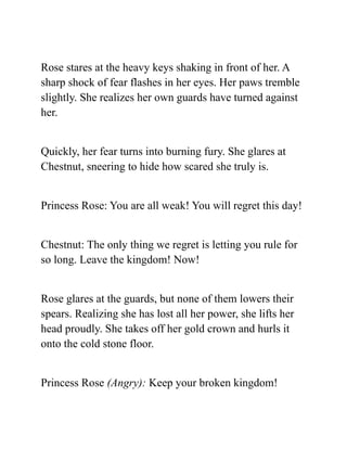 Rose stares at the heavy keys shaking in front of her. A
sharp shock of fear flashes in her eyes. Her paws tremble
slightly. She realizes her own guards have turned against
her.
Quickly, her fear turns into burning fury. She glares at
Chestnut, sneering to hide how scared she truly is.
Princess Rose: You are all weak! You will regret this day!
Chestnut: The only thing we regret is letting you rule for
so long. Leave the kingdom! Now!
Rose glares at the guards, but none of them lowers their
spears. Realizing she has lost all her power, she lifts her
head proudly. She takes off her gold crown and hurls it
onto the cold stone floor.
Princess Rose (Angry): Keep your broken kingdom!
 
