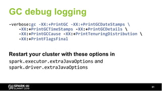 GC debug logging
Restart your cluster with these options in
spark.executor.extraJavaOptions and
spark.driver.extraJavaOpti...
