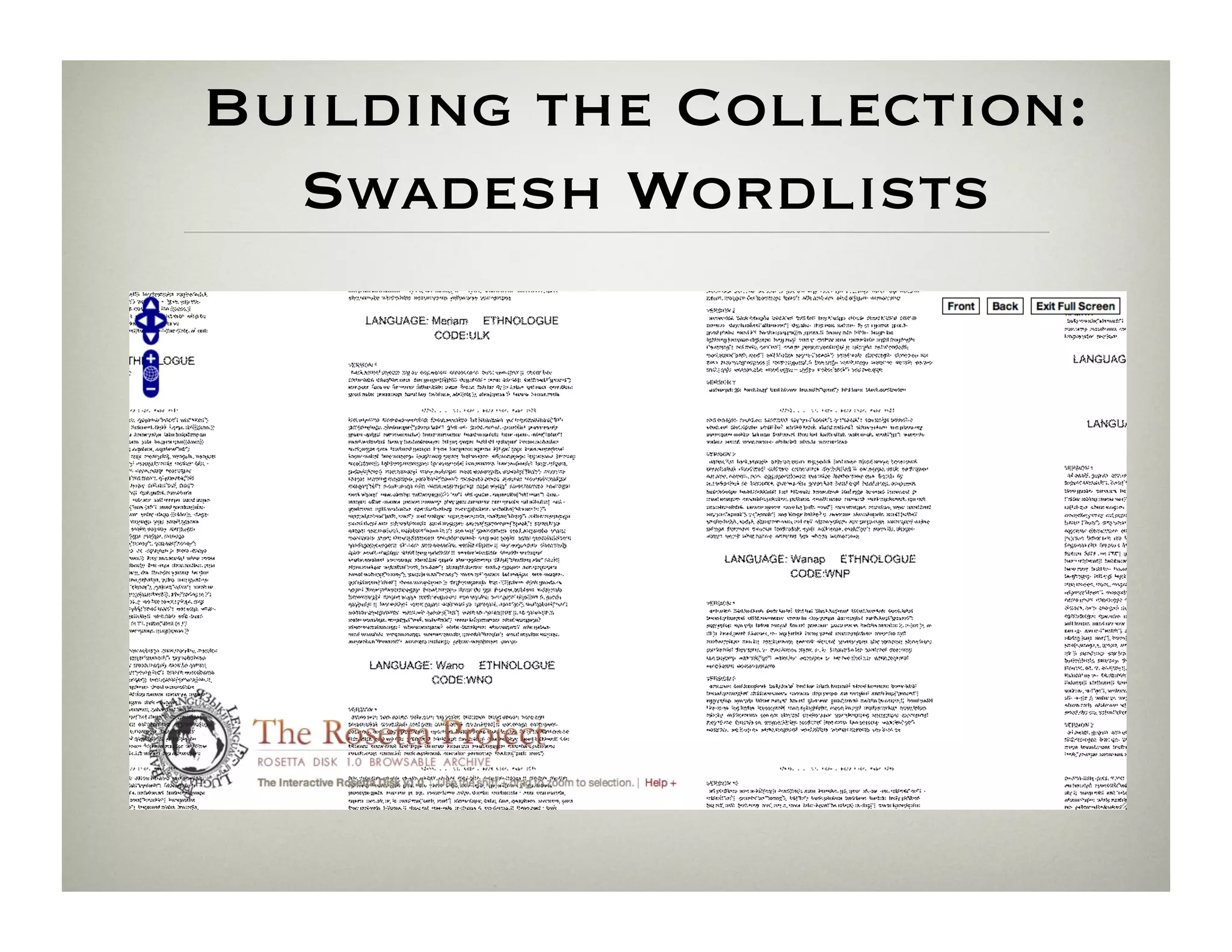Building the Collection:
  Swadesh Wordlists
 