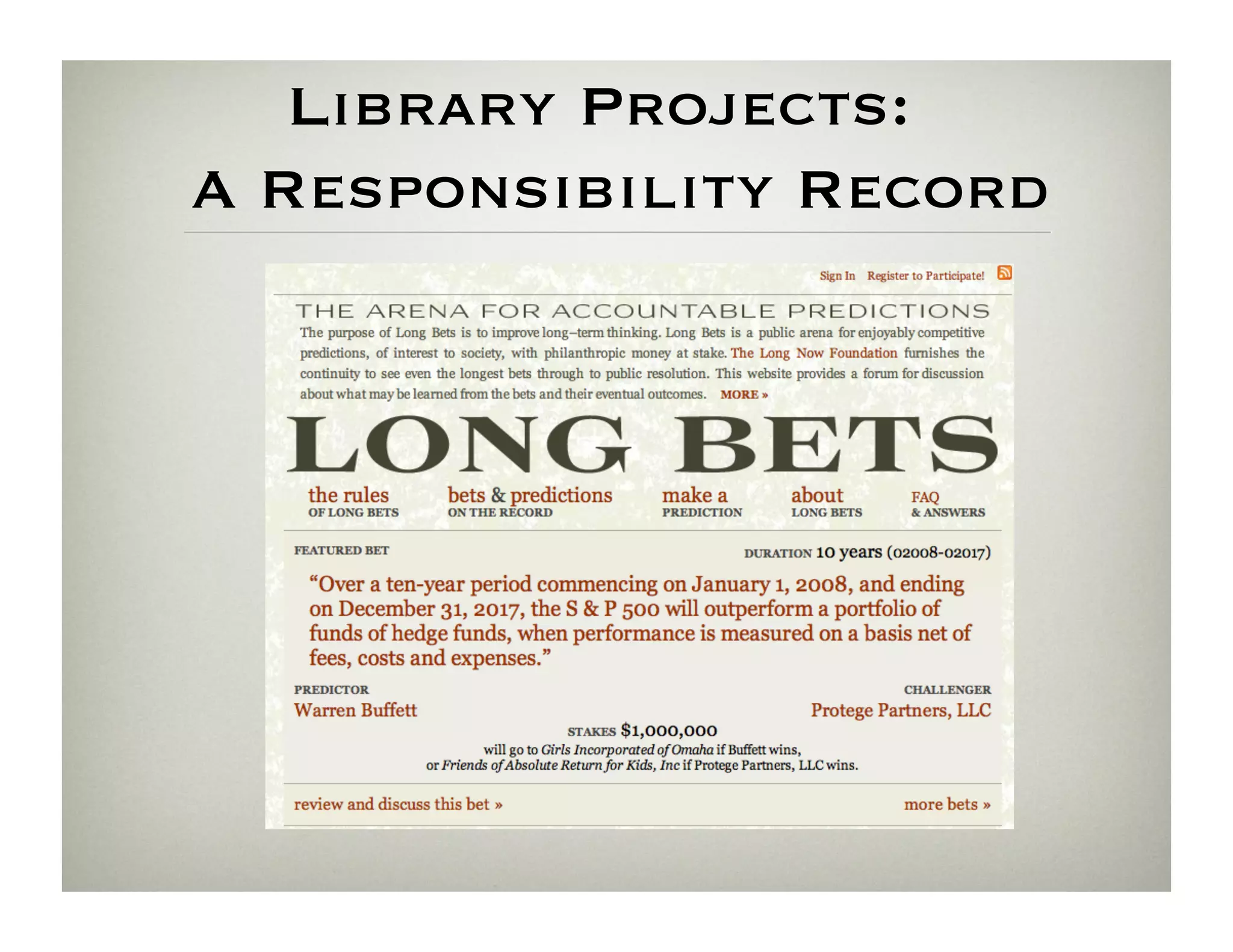 Library Projects: 
A Responsibility Record
 