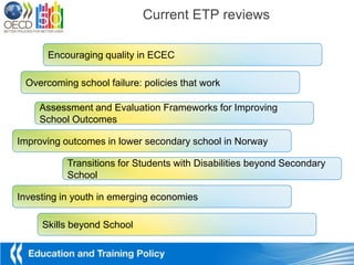 Current ETP reviews

      Encouraging quality in ECEC

 Overcoming school failure: policies that work

    Assessment and Evaluation Frameworks for Improving
    School Outcomes

Improving outcomes in lower secondary school in Norway

           Transitions for Students with Disabilities beyond Secondary
           School

Investing in youth in emerging economies

     Skills beyond School
 