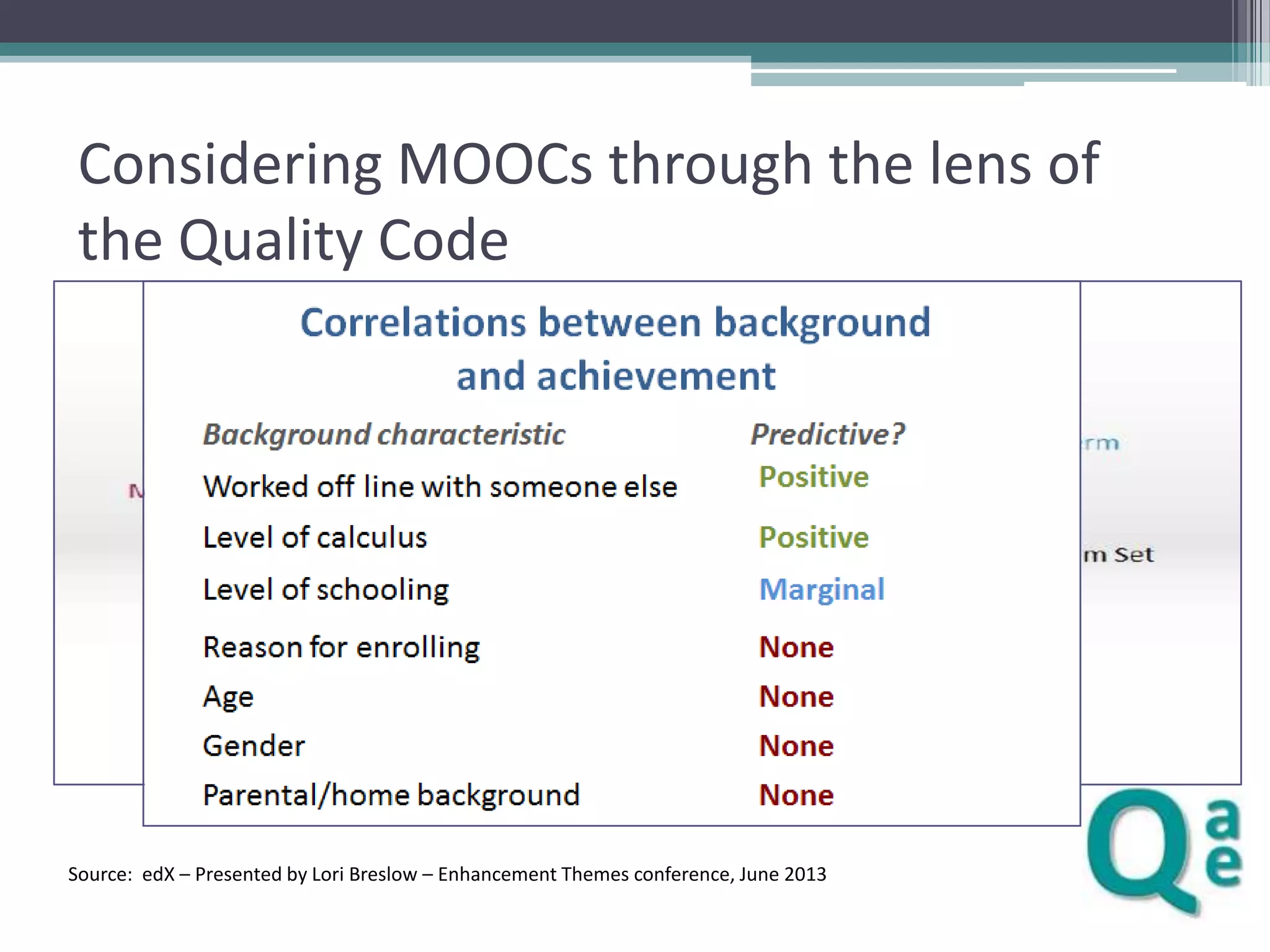Considering MOOCs through the lens of
the Quality Code
• B5; Student engagement
• “improving the motivation of students to engage in
learning and to learn independently
▫ data

• the participation of students in quality enhancement
and quality assurance processes, resulting in the
improvement of their educational experience”.
Source: edX – Presented by Lori Breslow – Enhancement Themes conference, June 2013

 